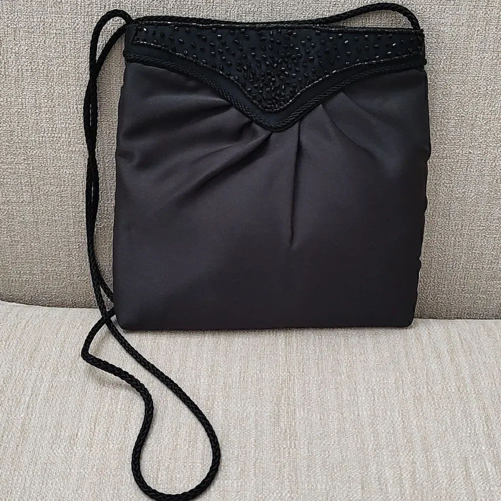 Satin Beaded Evening Shoulder Bag with Pleated Detail Wedding Formal Black Tie